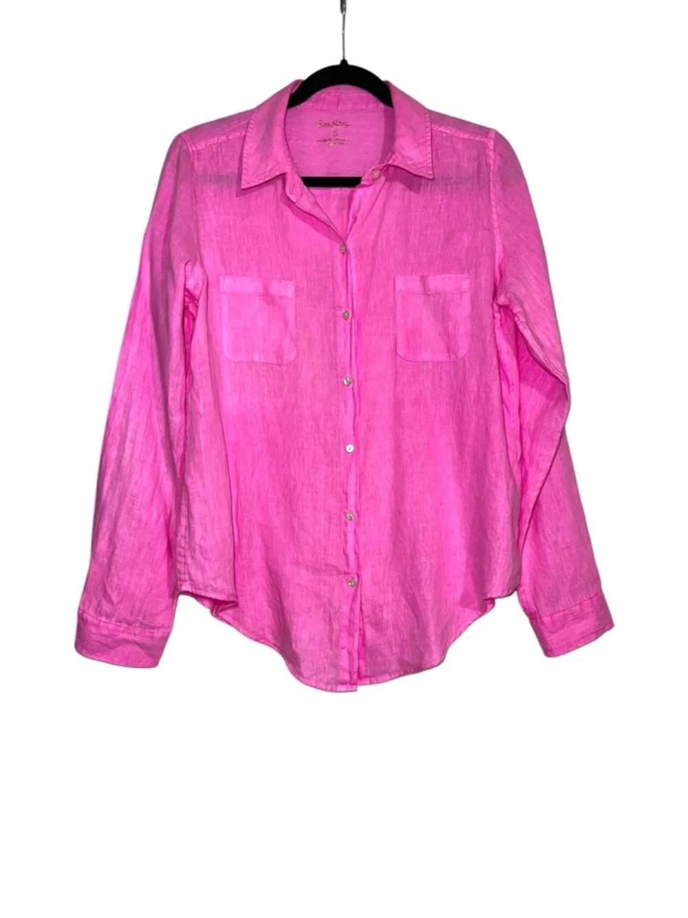 Lilly Pulitzer Sea View Linen Button Down Bright Pink Long Sleeve Shirt SMALL - Picture 2 of 7